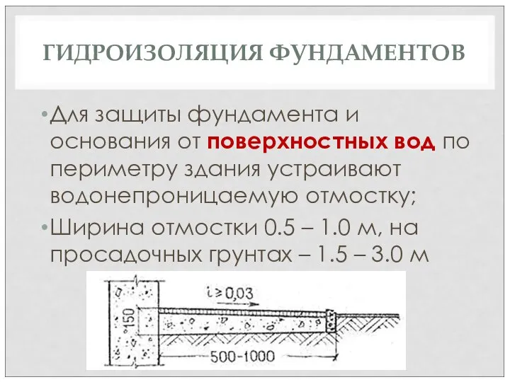 ГИДРОИЗОЛЯЦИЯ ФУНДАМЕНТОВ Для защиты фундамента и основания от поверхностных вод по