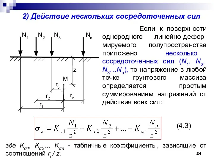 2) Действие нескольких сосредоточенных сил Если к поверхности однородного линейно-дефор-мируемого полупространства