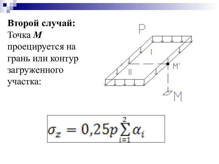 Второй случай: Точка М проецируется на грань или контур загруженного участка: