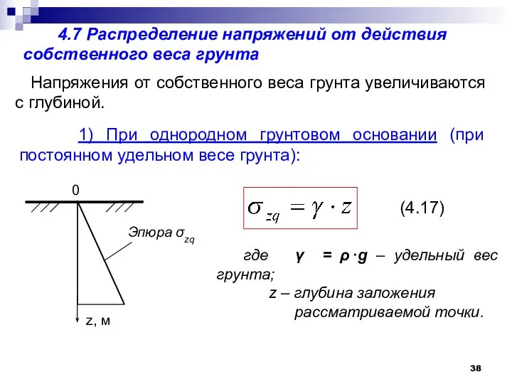 4.7 Распределение напряжений от действия собственного веса грунта Напряжения от собственного