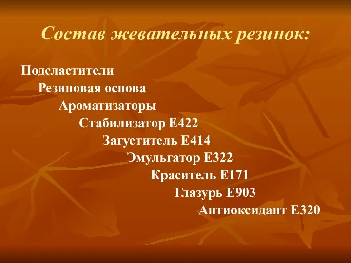 Состав жевательных резинок: Подсластители Резиновая основа Ароматизаторы Стабилизатор Е422 Загуститель Е414