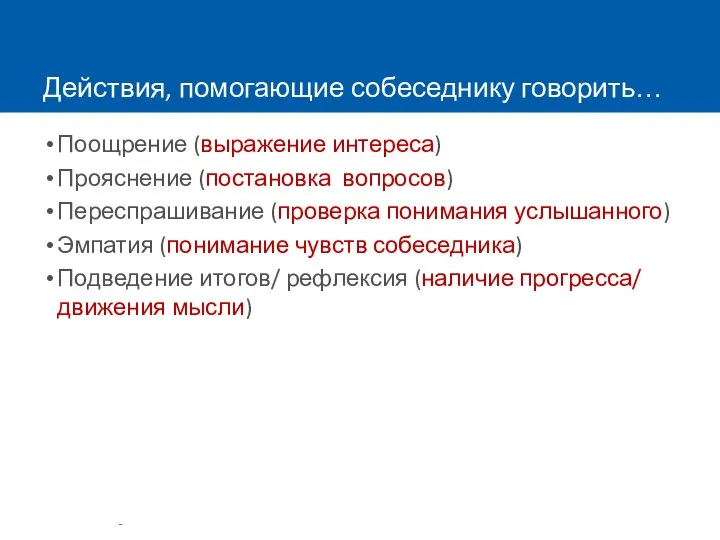 Действия, помогающие собеседнику говорить… Поощрение (выражение интереса) Прояснение (постановка вопросов) Переспрашивание