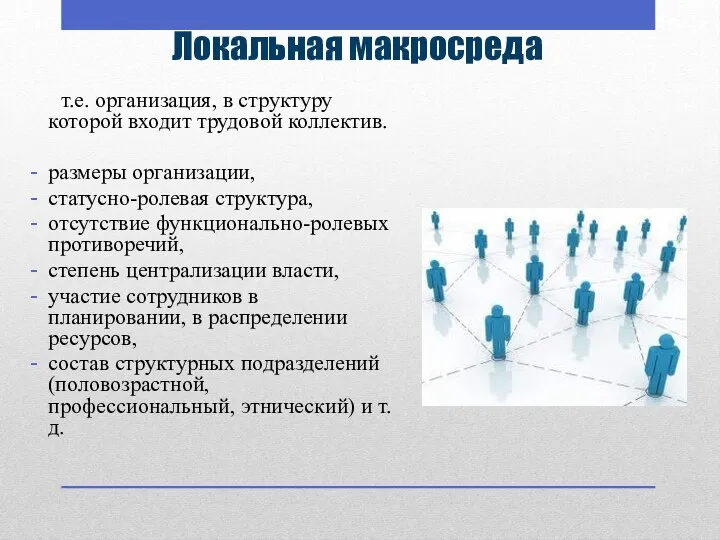 Локальная макросреда т.е. организация, в структуру которой входит трудовой коллектив. размеры