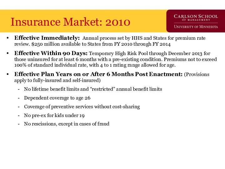 Insurance Market: 2010 Effective Immediately: Annual process set by HHS and