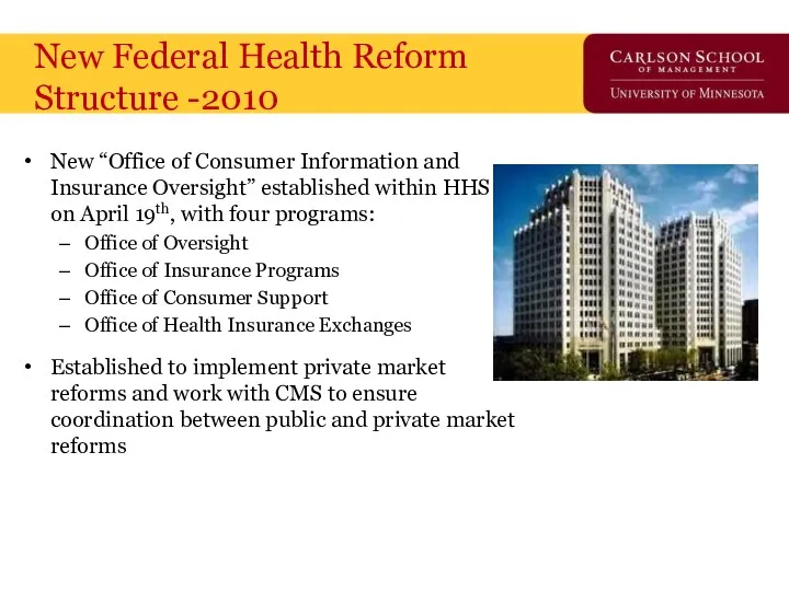 New Federal Health Reform Structure -2010 New “Office of Consumer Information