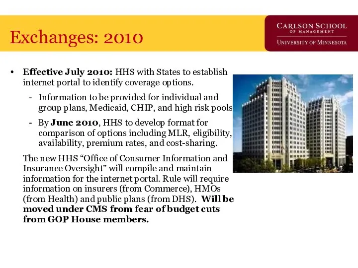 Exchanges: 2010 Effective July 2010: HHS with States to establish internet