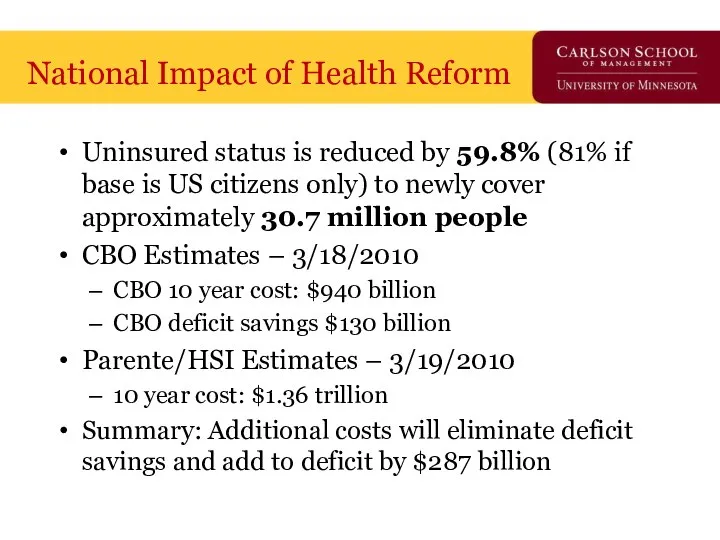 National Impact of Health Reform Uninsured status is reduced by 59.8%