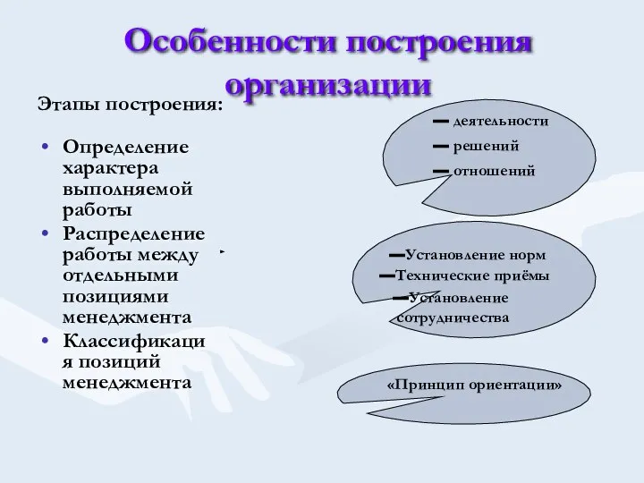 Особенности построения организации Определение характера выполняемой работы Распределение работы между отдельными