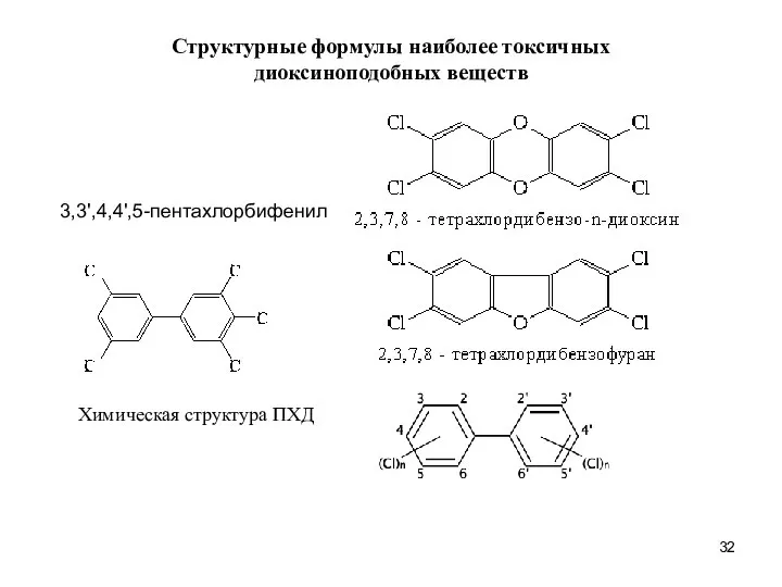 3,3',4,4',5-пентахлорбифенил Структурные формулы наиболее токсичных диоксиноподобных веществ Химическая структура ПХД
