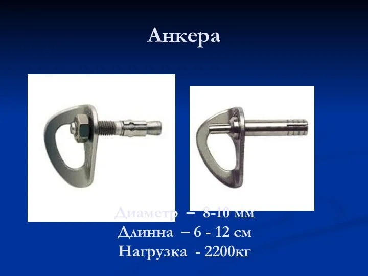 Анкера Диаметр – 8-10 мм Длинна – 6 - 12 см Нагрузка - 2200кг