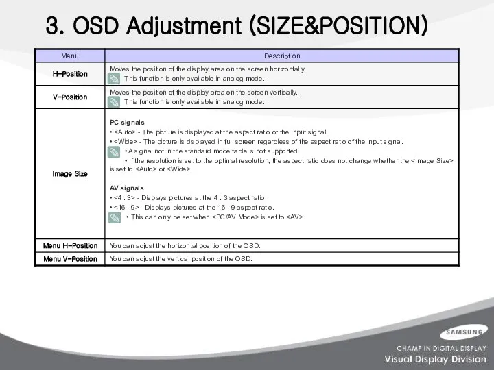 3. OSD Adjustment (SIZE&POSITION)