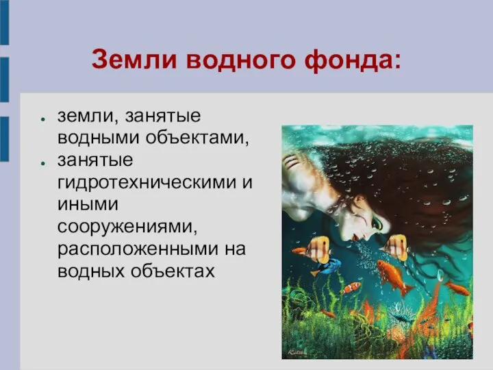 Земли водного фонда: земли, занятые водными объектами, занятые гидротехническими и иными сооружениями, расположенными на водных объектах