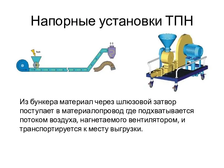 Напорные установки ТПН Из бункера материал через шлюзовой затвор поступает в