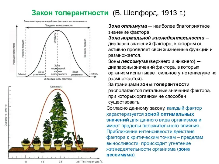 Зона оптимума — наиболее благоприятное значение фактора. Зона нормальной жизнедеятельности —