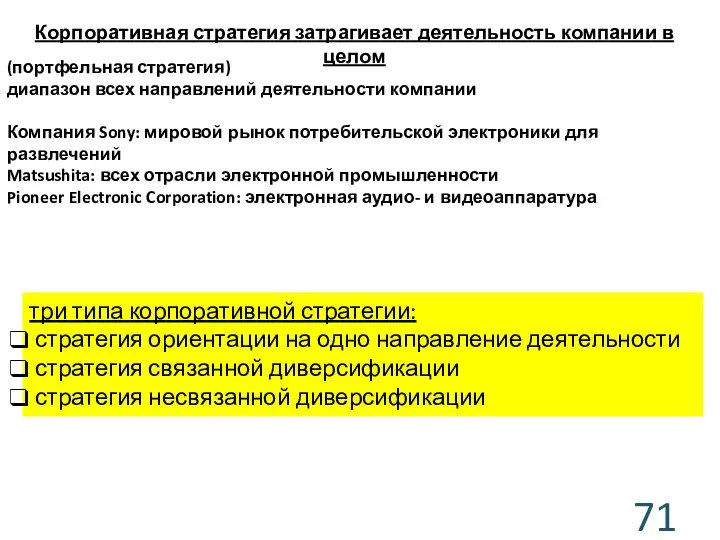 (портфельная стратегия) диапазон всех направлений деятельности компании Компания Sony: мировой рынок