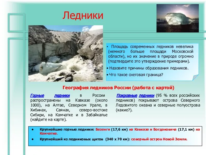 Ледники Покровные ледники (95 % всех российских ледников) покрывают острова Северного