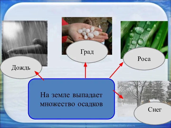 На земле выпадает множество осадков Дождь Град Роса Снег