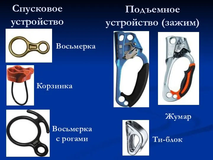 Спусковое устройство Подъемное устройство (зажим) Восьмерка Корзинка Восьмерка с рогами Жумар Ти-блок