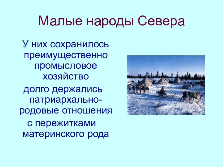 Малые народы Севера У них сохранилось преимущественно промысловое хозяйство долго держались