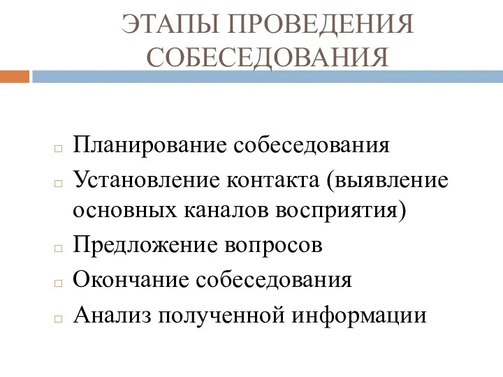 ЭТАПЫ ПРОВЕДЕНИЯ СОБЕСЕДОВАНИЯ Планирование собеседования Установление контакта (выявление основных каналов восприятия)