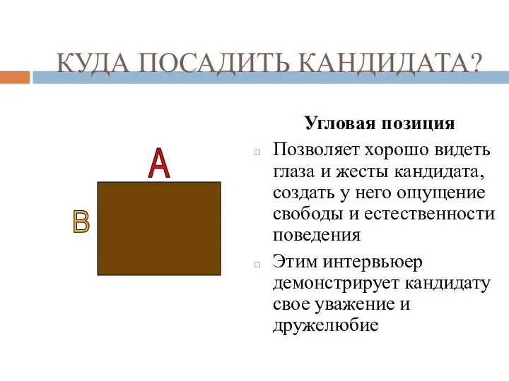 КУДА ПОСАДИТЬ КАНДИДАТА? Угловая позиция Позволяет хорошо видеть глаза и жесты