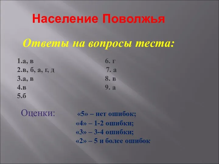 Население Поволжья Ответы на вопросы теста: а, в 6. г в,