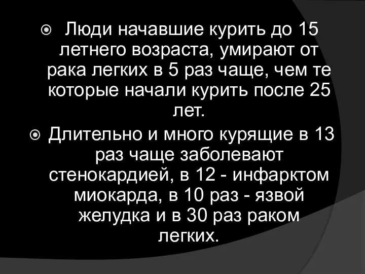 Люди начавшие курить до 15 летнего возраста, умирают от рака легких