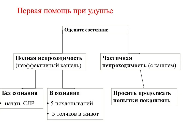 Оцените состояние Полная непроходимость (неэффективный кашель) Частичная непроходимость (с кашлем) Без