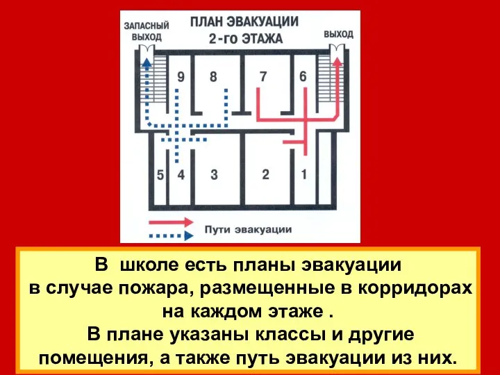 В школе есть планы эвакуации в случае пожара, размещенные в корридорах