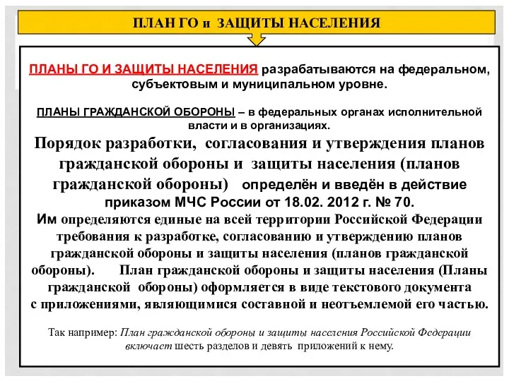 ПЛАН ГО и ЗАЩИТЫ НАСЕЛЕНИЯ ПЛАНЫ ГО И ЗАЩИТЫ НАСЕЛЕНИЯ разрабатываются