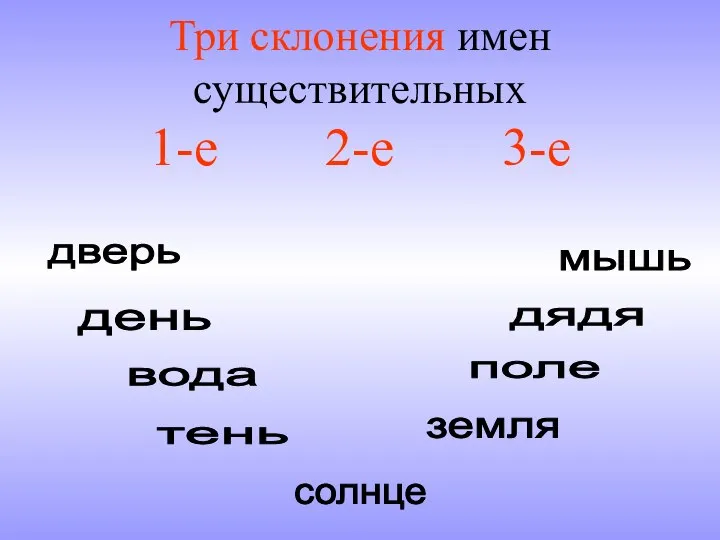 Три склонения имен существительных 1-е 2-е 3-е дверь тень земля вода поле солнце мышь день дядя