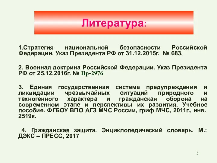 Литература: 1.Стратегия национальной безопасности Российской Федерации. Указ Президента РФ от 31.12.2015г.