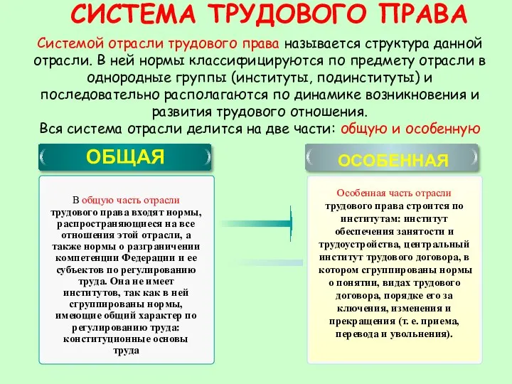 СИСТЕМА ТРУДОВОГО ПРАВА ОБЩАЯ ОСОБЕННАЯ Особенная часть отрасли трудового права строится