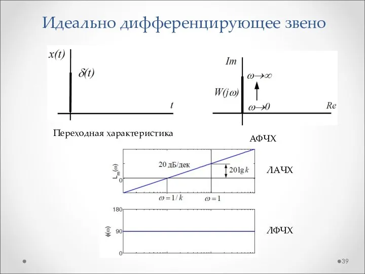 Идеально дифференцирующее звено Переходная характеристика АФЧХ ЛАЧХ ЛФЧХ