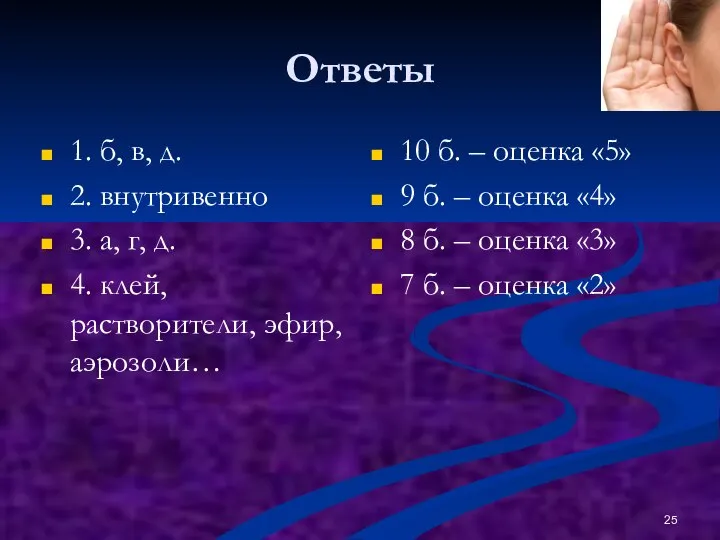 Ответы 1. б, в, д. 2. внутривенно 3. а, г, д.