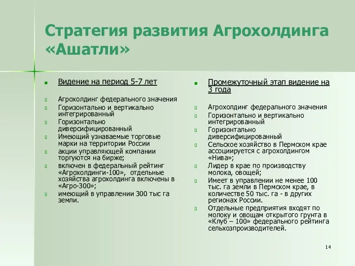 Стратегия развития Агрохолдинга «Ашатли» Видение на период 5-7 лет Агрохолдинг федерального