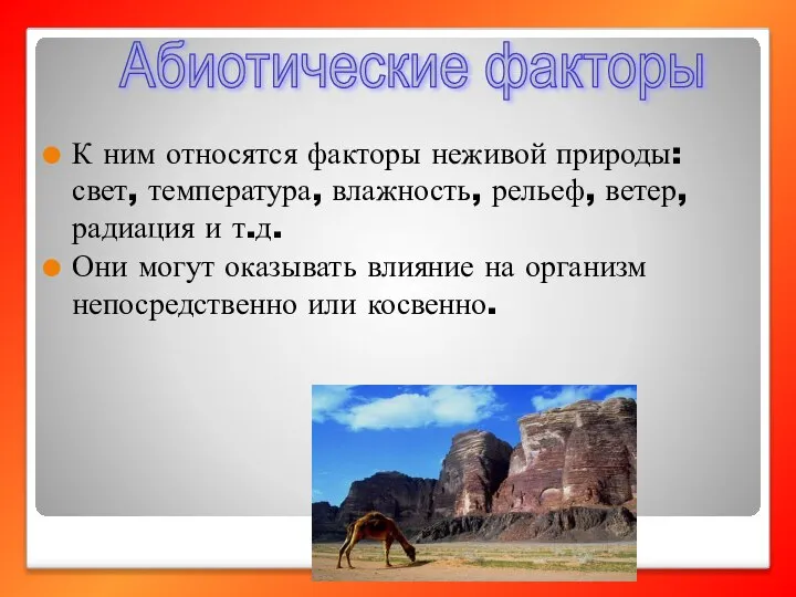 К ним относятся факторы неживой природы: свет, температура, влажность, рельеф, ветер,