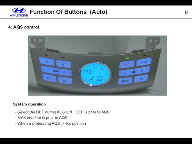 4. AQS control Function Of Buttons (Auto) System operation - Select