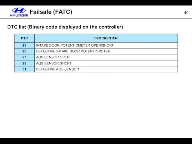 Failsafe (FATC) DTC list (Binary code displayed on the controller)