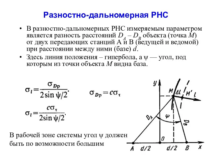 Разностно-дальномерная РНС В разностно-дальномерных РНС измеряемым параметром является разность расстояний DA