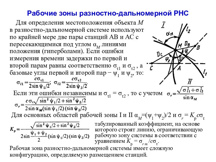 Рабочие зоны разностно-дальномерной РНС Для определения местоположения объекта М в разностно-дальномерной