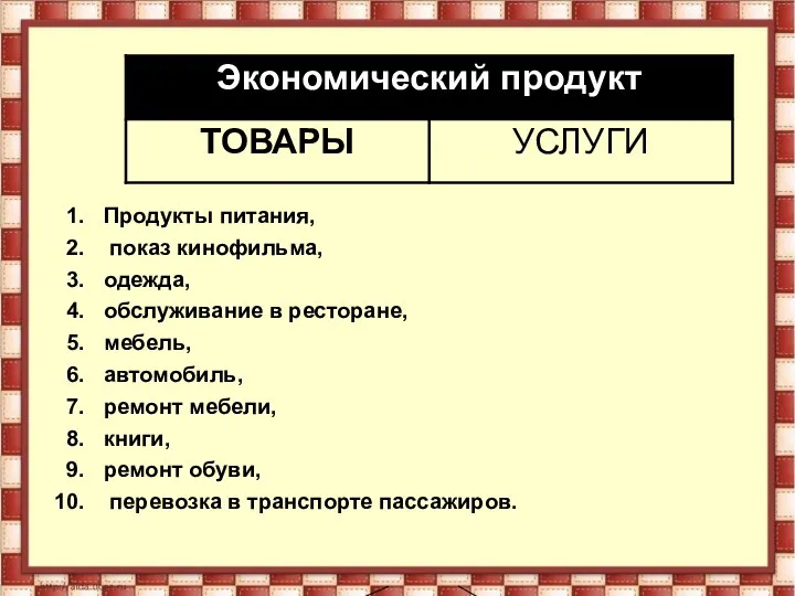 Продукты питания, показ кинофильма, одежда, обслуживание в ресторане, мебель, автомобиль, ремонт