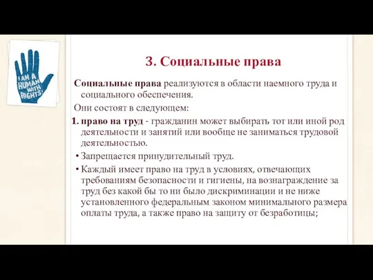 3. Социальные права Социальные права реализуются в области наемного труда и