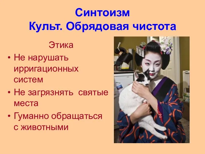 Синтоизм Культ. Обрядовая чистота Этика Не нарушать ирригационных систем Не загрязнять