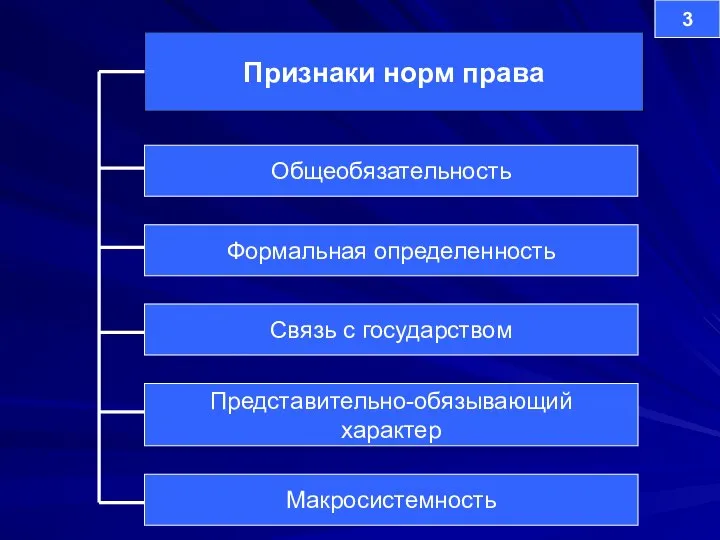 Признаки норм права Формальная определенность Общеобязательность Связь с государством Представительно-обязывающий характер Макросистемность 3