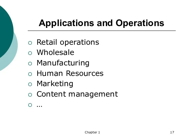 Chapter 1 Applications and Operations Retail operations Wholesale Manufacturing Human Resources Marketing Content management …