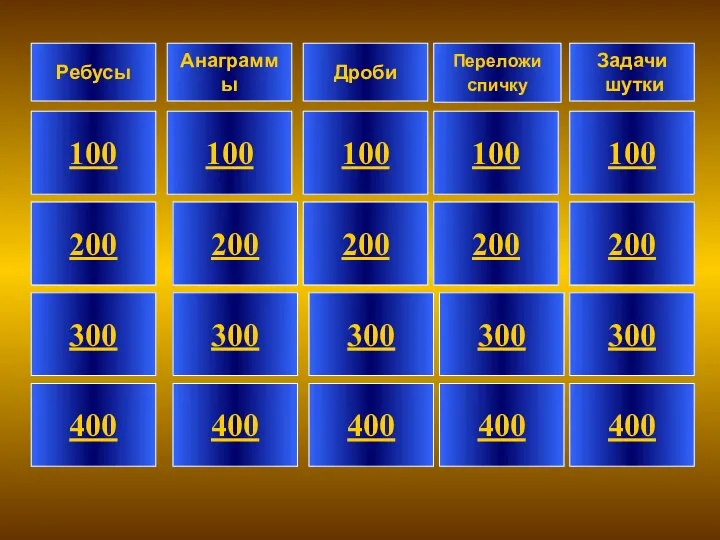 Ребусы Анаграммы Задачи шутки 100 100 100 100 200 200 200