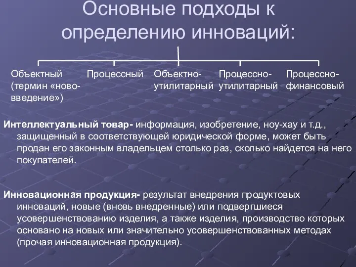 Основные подходы к определению инноваций: Интеллектуальный товар- информация, изобретение, ноу-хау и