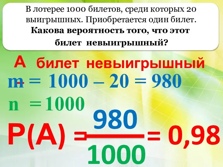 В лотерее 1000 билетов, среди которых 20 выигрышных. Приобретается один билет.