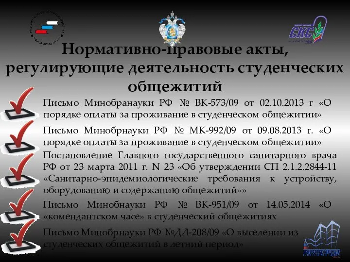 Нормативно-правовые акты, регулирующие деятельность студенческих общежитий Письмо Минобранауки РФ № ВК-573/09